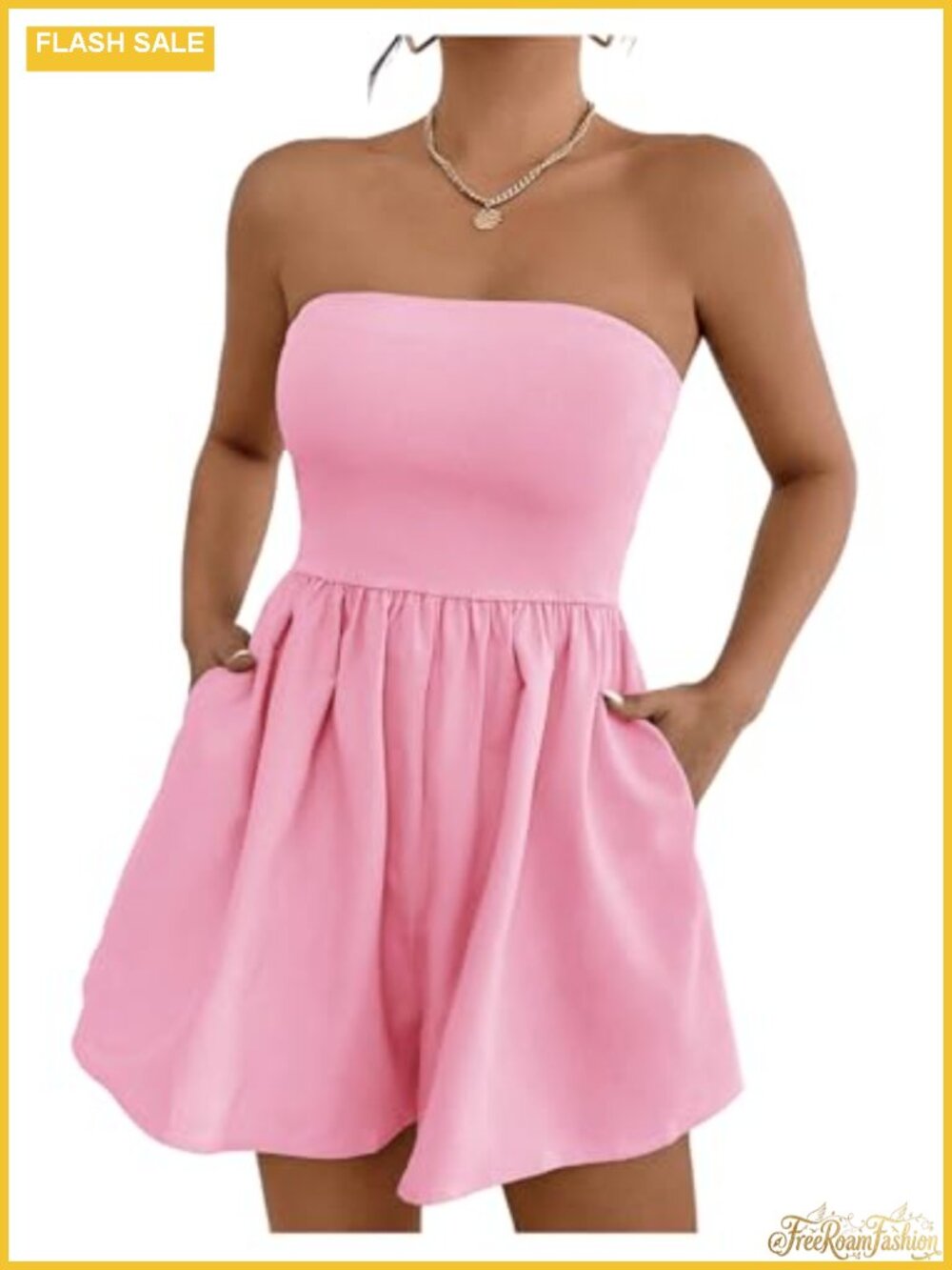 Loose Strapless Wide Leg Romper Sleeveless Short Jumpsuit with Pockets